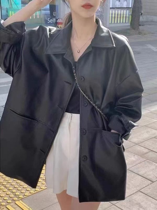 Korean lapel single-breasted leather jacket for women autumn new loose and versatile imitation leather jacket top