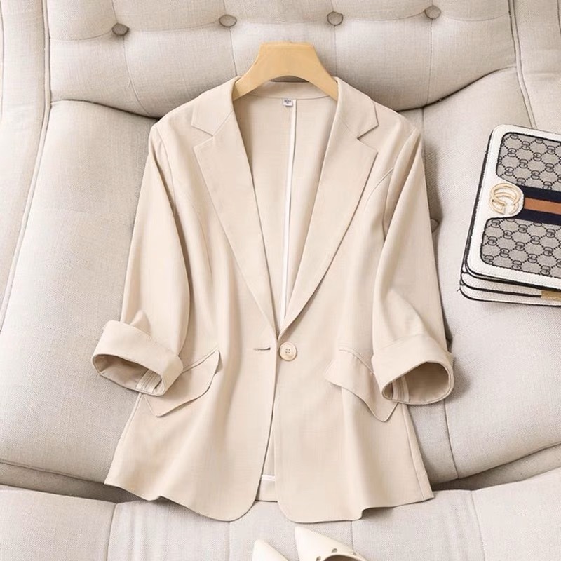 New Korean Tencel Linen Small Suit Jacket Women's Thin Apricot Three Quarter Sleeve Slim Suit Tops for Women