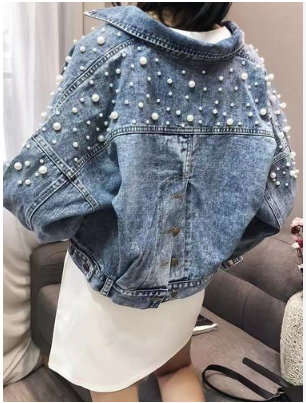Heavy industry beaded short denim jacket for women slimming Korean style slit jacket versatile bat sleeves loose