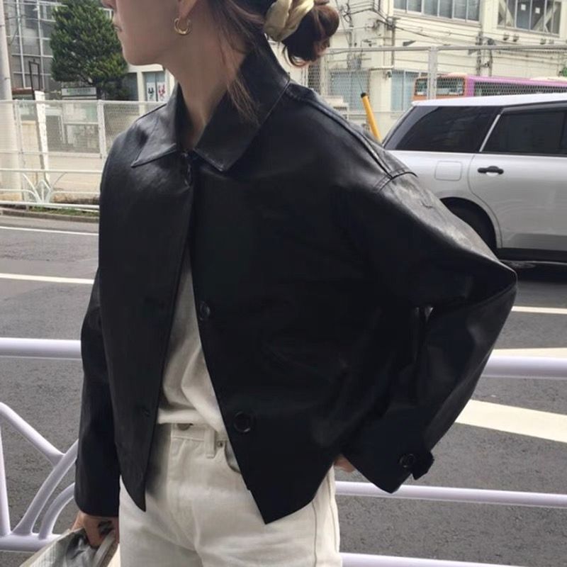 South Korea's 2024 new autumn style retro handsome motorcycle simple loose short jacket imitation leather jacket for women