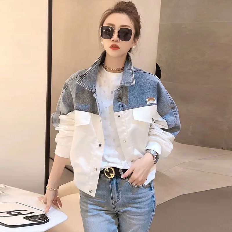 Spring and Autumn New Fashion Contrast Color Denim Splicing Jacket Casual Loose Short Top Korean Style Women's Clothing