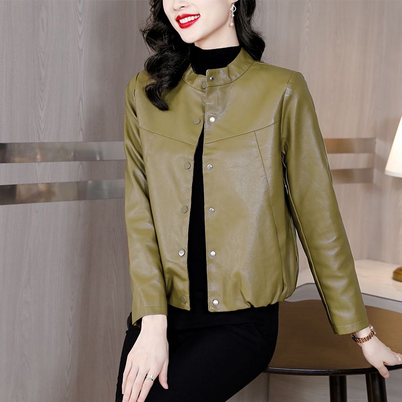Leather coat women's new small coat European round neck fashionable and versatile small person loose gram coat