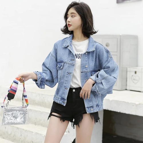 Spring Korean style new bat sleeve denim jacket women's short denim jacket loose versatile top denim jacket trend