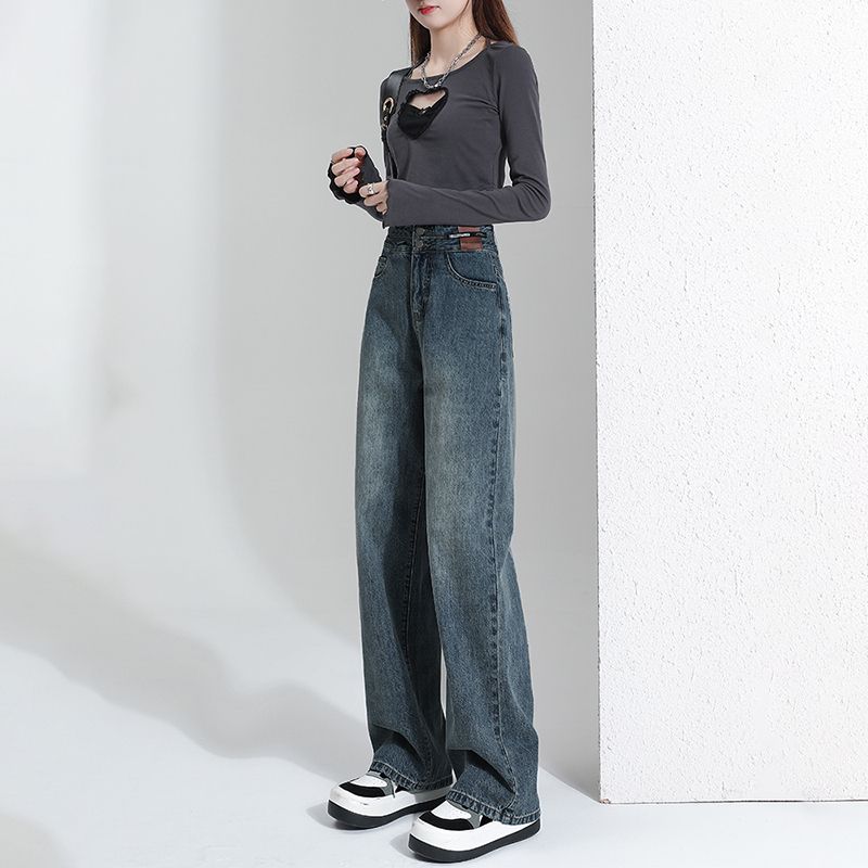 Retro trendy high-waisted wide-leg jeans for women new small loose retro straight jeans