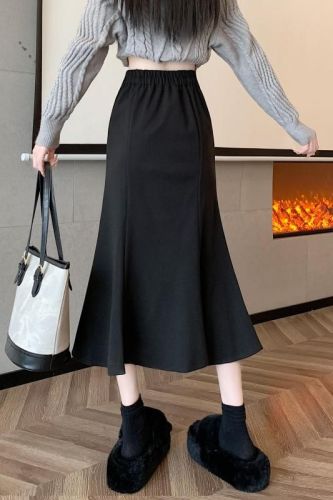 New high-waisted slimming spliced ​​fishtail mid-length large hem A-line skirt woolen skirt for women