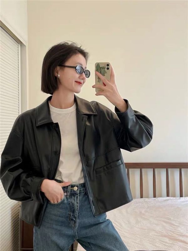 New style pocket casual leather jacket for women single-breasted square collar loose short jacket internet celebrity popular jacket for women