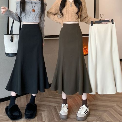 New high-waisted slimming spliced ​​fishtail mid-length large hem A-line skirt woolen skirt for women