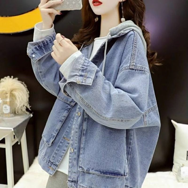Korean style loose hooded denim jacket for women spring and autumn new age-reducing versatile large size retro student jacket top