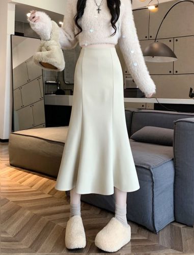 New high-waisted slimming spliced ​​fishtail mid-length large hem A-line skirt woolen skirt for women