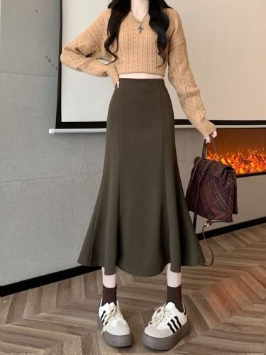 New high-waisted slimming spliced ​​fishtail mid-length large hem A-line skirt woolen skirt for women
