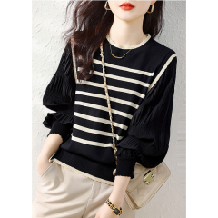 Spliced ​​lace collar sweater autumn new striped lantern sleeve top commuting versatile women's sweater