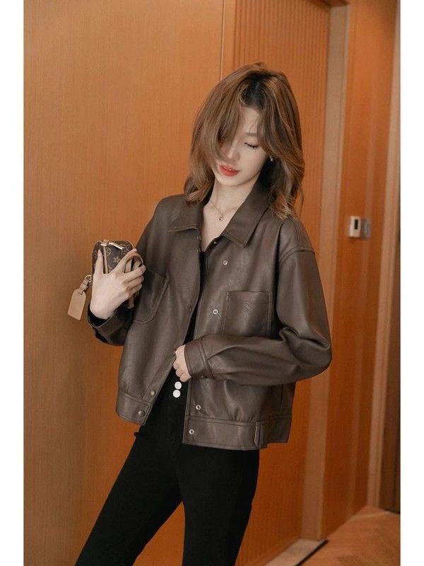 Autumn and winter new European high-end fashion small style black short leather jacket