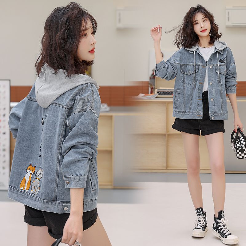Embroidered hooded denim jacket for women new Korean style versatile loose long-sleeved baseball uniform