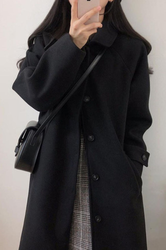 Hepburn style woolen coat for women autumn and winter new black mid-length woolen coat thickened for small people