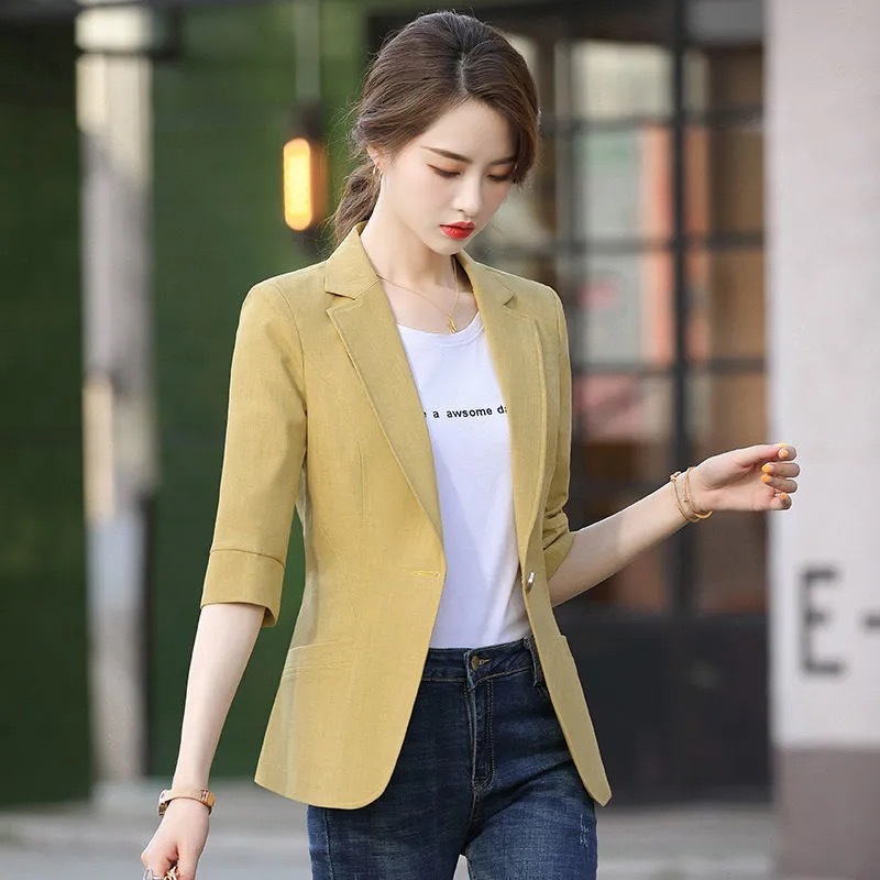 Yellow small suit jacket for women 2024 new temperament short style versatile three-quarter sleeve suit top for small people