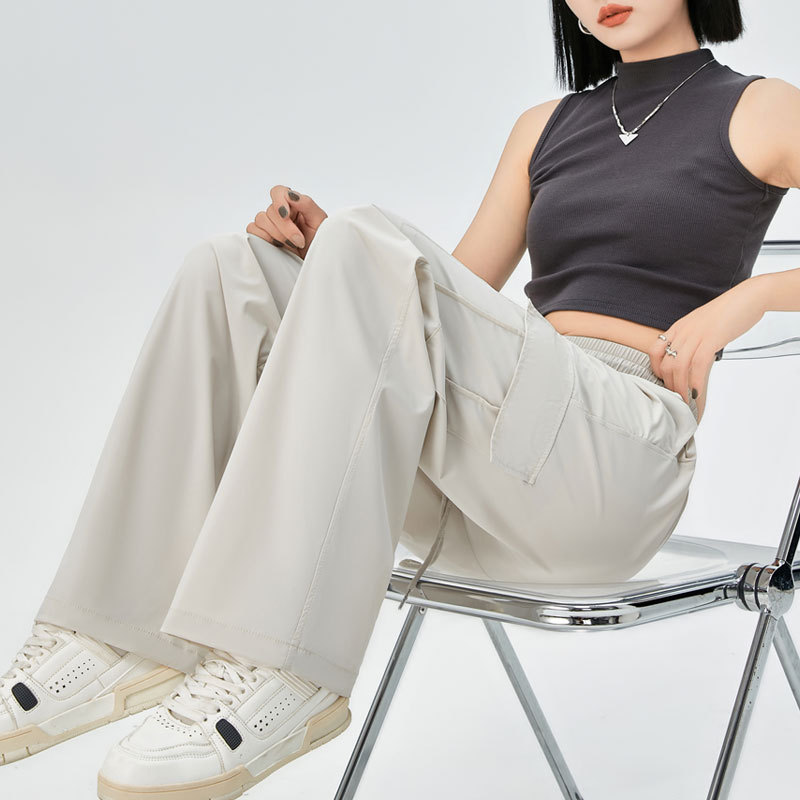 Ice silk overalls for women in summer, thin, high-waisted, versatile, slimming, quick-drying, straight sports wide-leg pants
