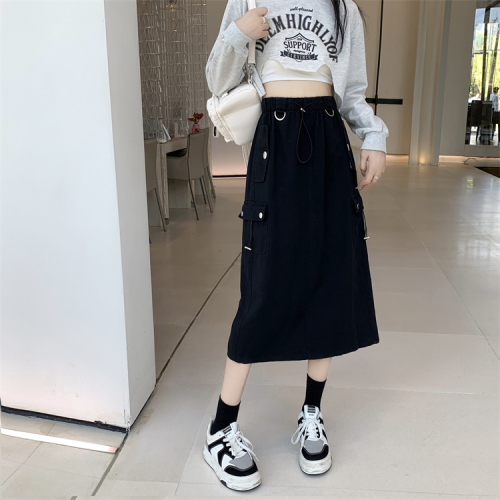 New versatile retro design multi-pocket loose workwear skirt long skirt