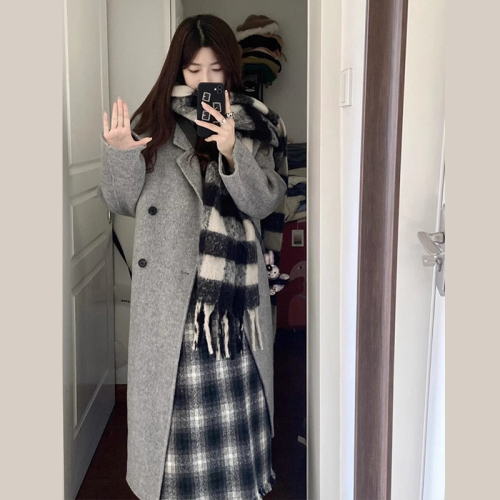 Hepburn style gray suit woolen coat for women autumn and winter new style small senior mid-length coat