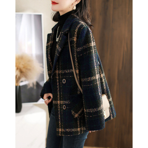 Winter new fashion British style retro plaid casual mid-length suit woolen women's jacket