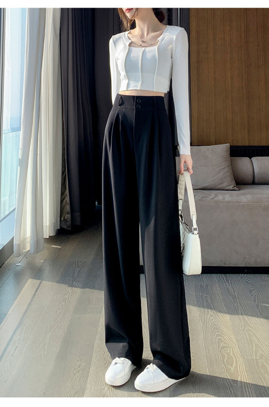 Wide-leg pants for women in spring and summer, high-waisted, slim and drapey, pear-shaped body pants, straight-leg floor-length pants, double-button casual suit pants