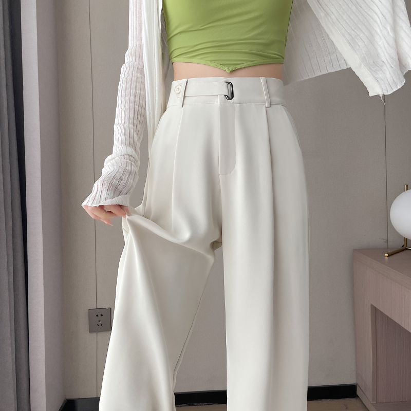 Apricot high-end suit wide-leg pants for women petite summer ice silk high-waist straight narrow version drape straight pants
