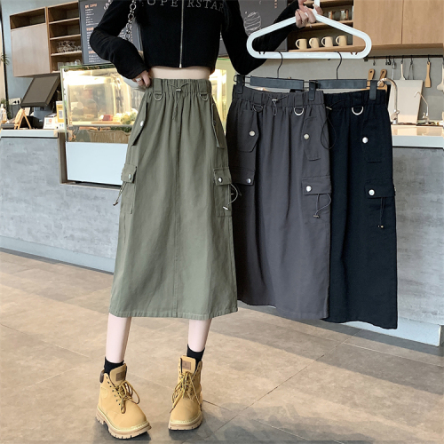 New versatile retro design multi-pocket loose workwear skirt long skirt