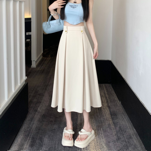 New high-waist slimming drapey pleated mid-length skirt A-line large hem skirt covering the crotch and umbrella skirt