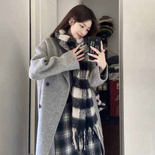 Hepburn style gray suit woolen coat for women autumn and winter new style small senior mid-length coat