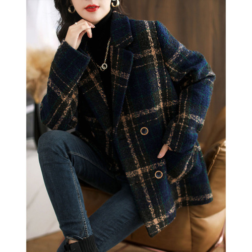 Winter new fashion British style retro plaid casual mid-length suit woolen women's jacket