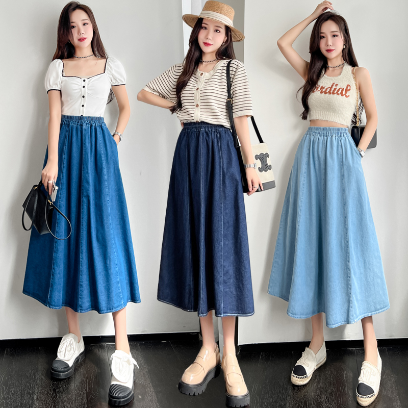 Retro denim skirt for women, mid-length, slimming, spliced ​​A-line skirt, high waist, wide swing umbrella skirt, trendy