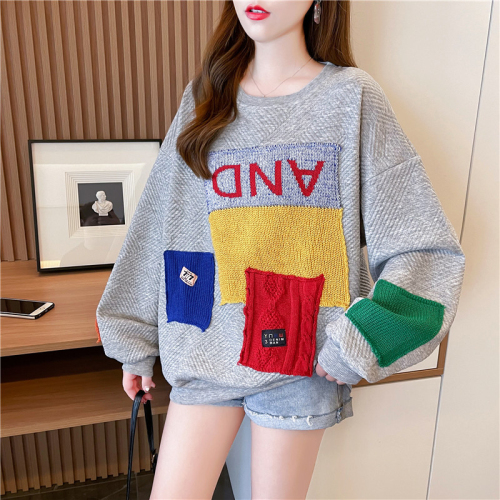 New back bag collar jacquard spring Korean style loose patch design niche round neck thin sweatshirt