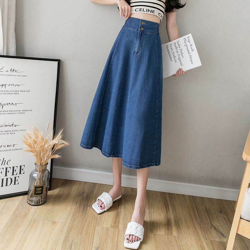 Denim skirt women's new spring and autumn versatile junior high school and high school student umbrella skirt mid-length high-waisted A-line skirt