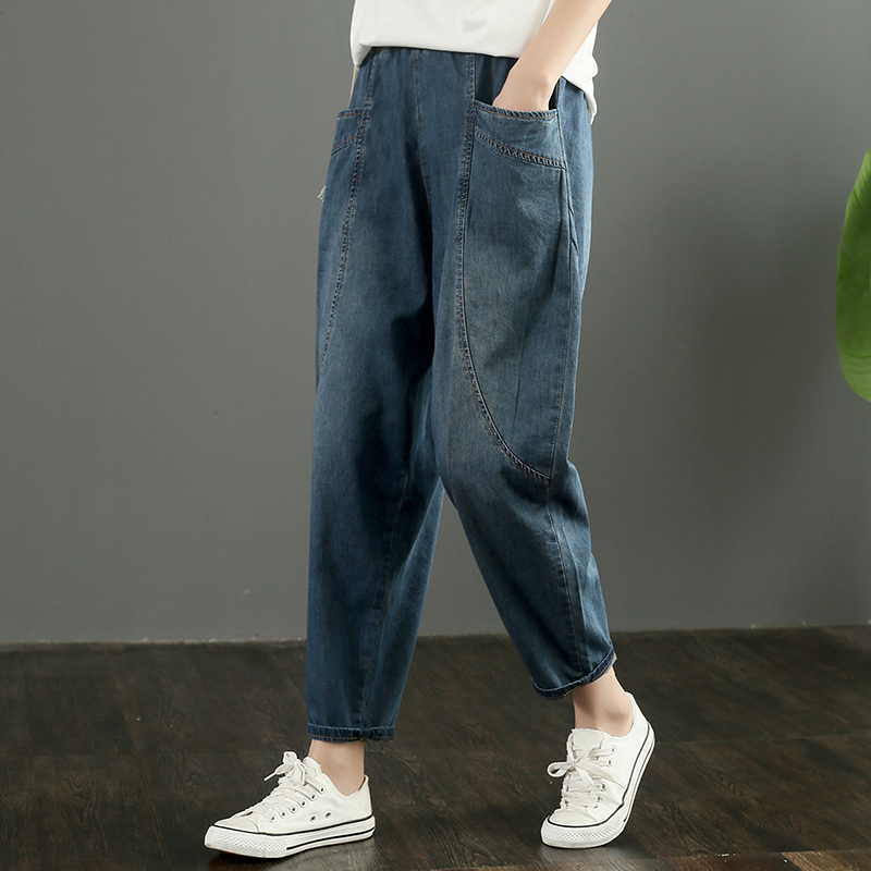 New large size elastic waist thin denim ninth pants for women