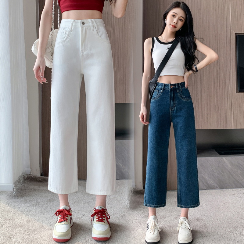 2024 versatile denim front splicing eight-point straight pants for women 145CM petite