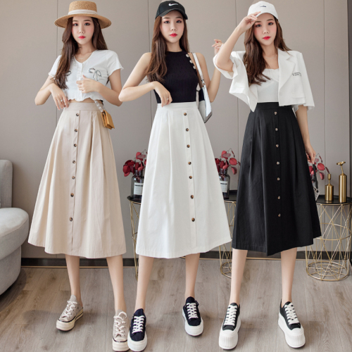 New Korean style solid color skirt for women, single-breasted, casual, high-waisted, slim A-line umbrella skirt