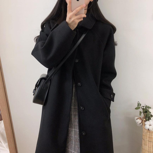 Hepburn style woolen coat for women autumn and winter new black mid-length woolen coat thickened for small people