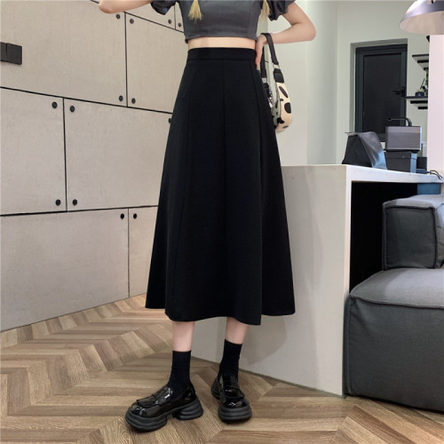 Plus size fat MM skirt autumn Korean version ins high waist slim mid-length drape pleated large swing umbrella skirt