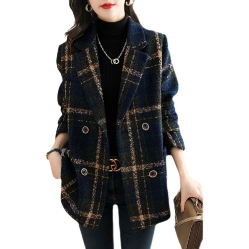 Winter new fashion British style retro plaid casual mid-length suit woolen women's jacket