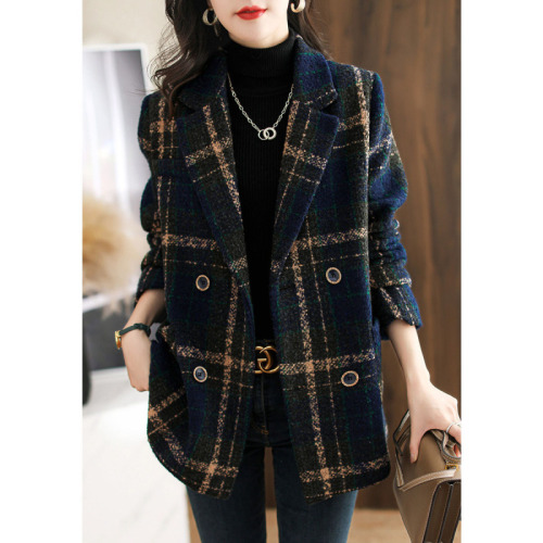 Winter new fashion British style retro plaid casual mid-length suit woolen women's jacket