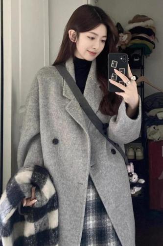 Hepburn style gray suit woolen coat for women autumn and winter new style small senior mid-length coat