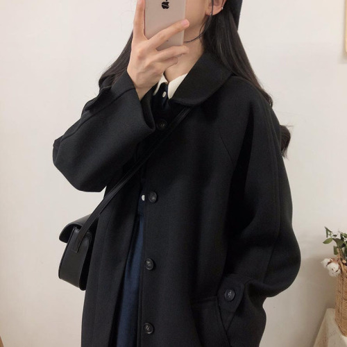 Hepburn style woolen coat for women autumn and winter new black mid-length woolen coat thickened for small people