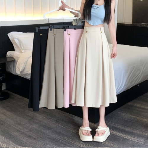 New high-waist slimming drapey pleated mid-length skirt A-line large hem skirt covering the crotch and umbrella skirt