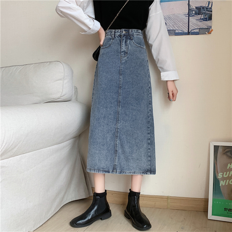 Korean style denim skirt for women 2024 new design back slit mid-length a-line skirt hip-covering skirt ins