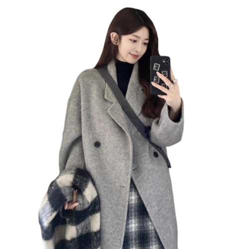 Hepburn style gray suit woolen coat for women autumn and winter new style small senior mid-length coat