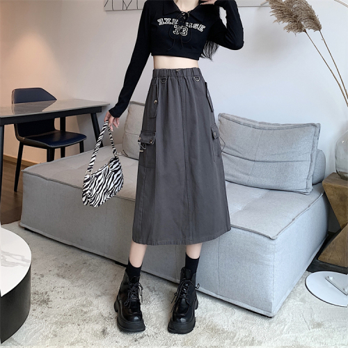 New versatile retro design multi-pocket loose workwear skirt long skirt