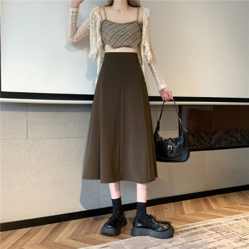 Plus size fat MM skirt autumn Korean version ins high waist slim mid-length drape pleated large swing umbrella skirt