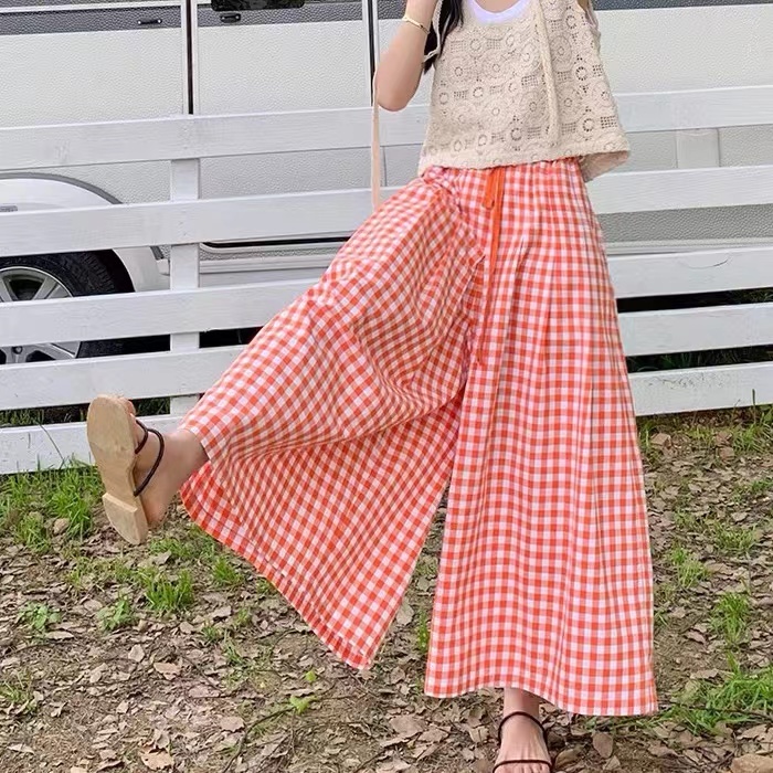 New plaid wide leg culottes elastic waist versatile casual pants for women