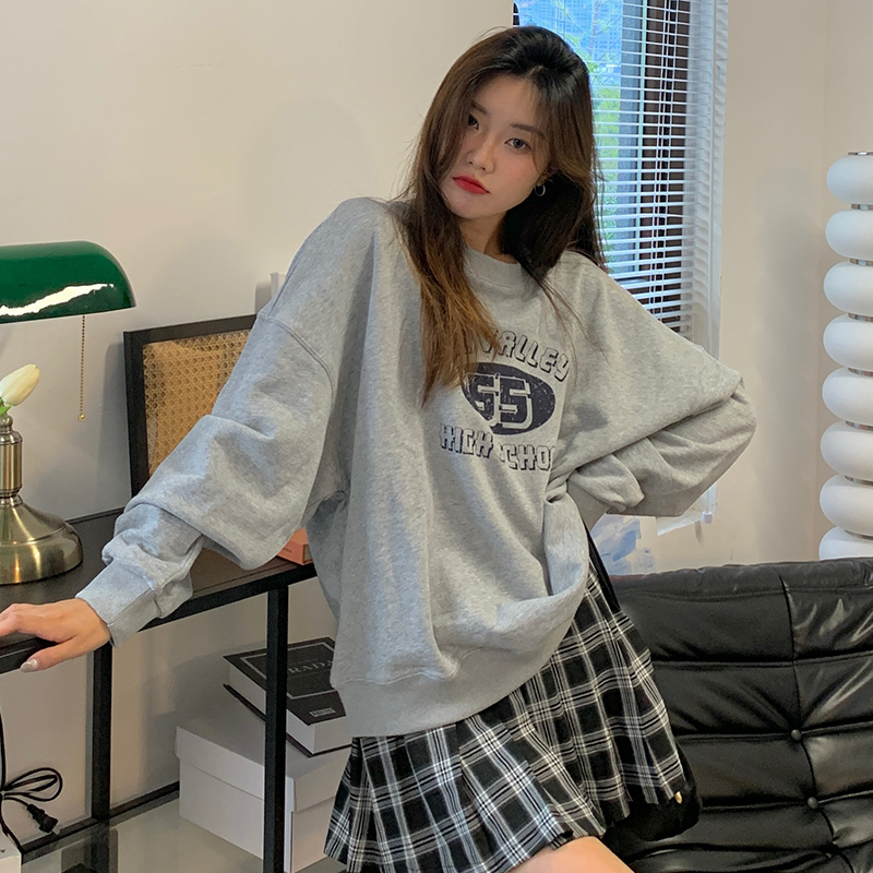 Twill drawstring/raglan back collar American retro printed round neck sweatshirt for women autumn thin