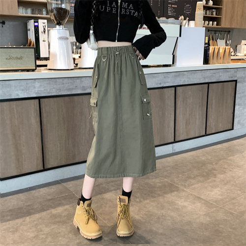 New versatile retro design multi-pocket loose workwear skirt long skirt