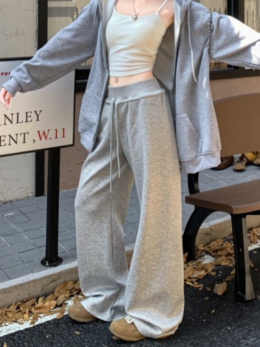 Drawstring solid color wide-leg pants for women, loose high-waisted pants, fall casual pants, floor-length pants